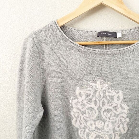 MINT VELVET | Alpaca Blend Gray Jumper Off White Damask Medallion | Size 14 - Picture 3 of 9